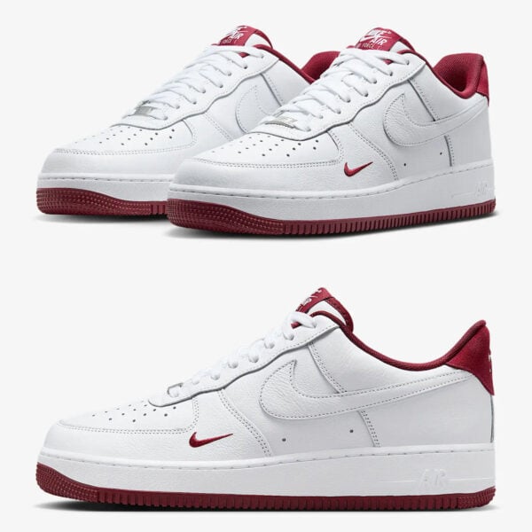 White and red Nike Air Force Low sneakers for men.