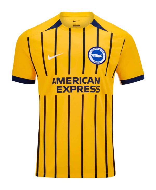 Brighton Away Jersey 2024/25 with yellow and navy stripes, official Nike logo, and Brighton club cre.
