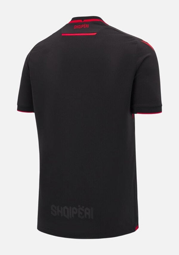 Albania third football jersey 2024/25 with black and red design, official team logo, and modern fit.
