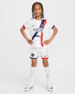 Kids PSG away football kit 2024/25 featuring team logo and vibrant design.