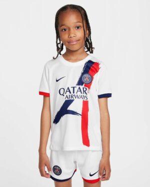 Kids PSG away football kit 2024/25, featuring the club's logo and vibrant design for young fans.