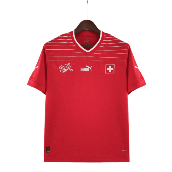 Official Switzerland World Cup 2022/23 home football jersey with Swiss flag and team logos.