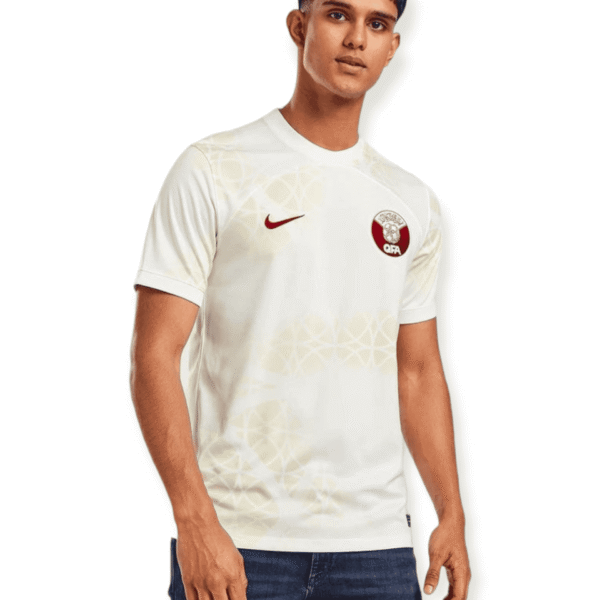Authentic Qatar away football jersey 2024 with team logo and modern design. Perfect for Qatar nation.