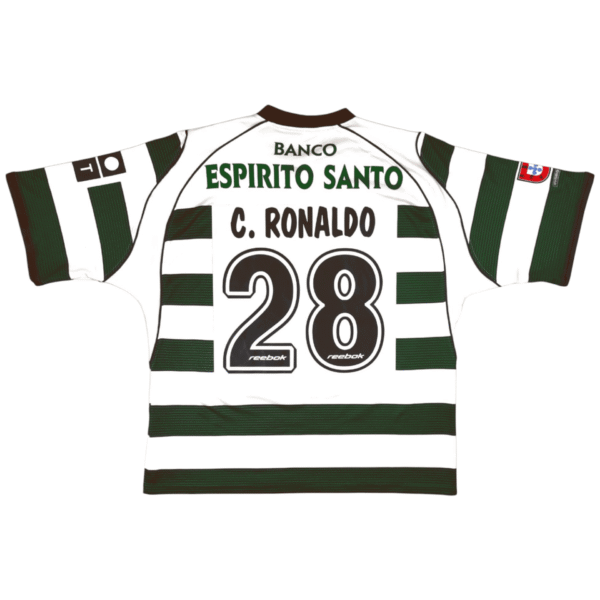 Authentic Sporting Lisbon Ronaldo 28 home jersey, green and white striped football kit.