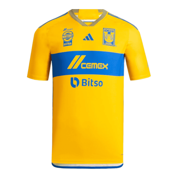 Official Tigres UANL 2023/24 home football jersey with yellow and blue design.