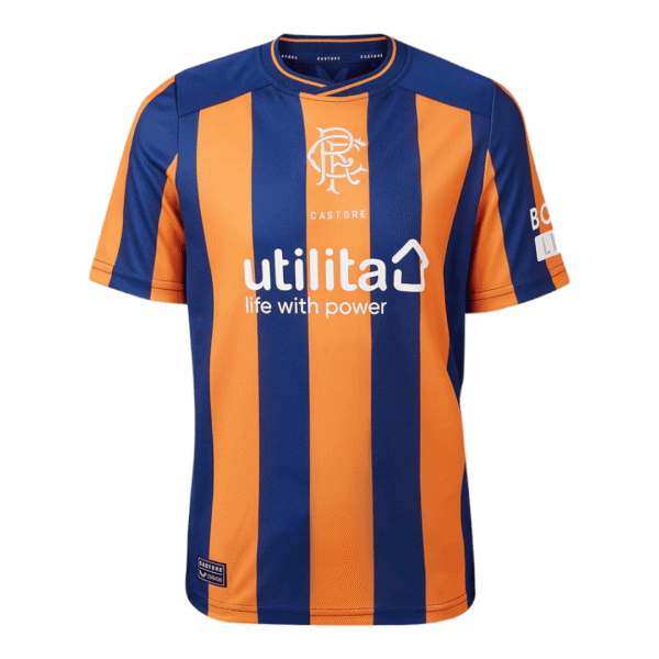Rangers third football jersey 2023/24 with blue and orange stripes.