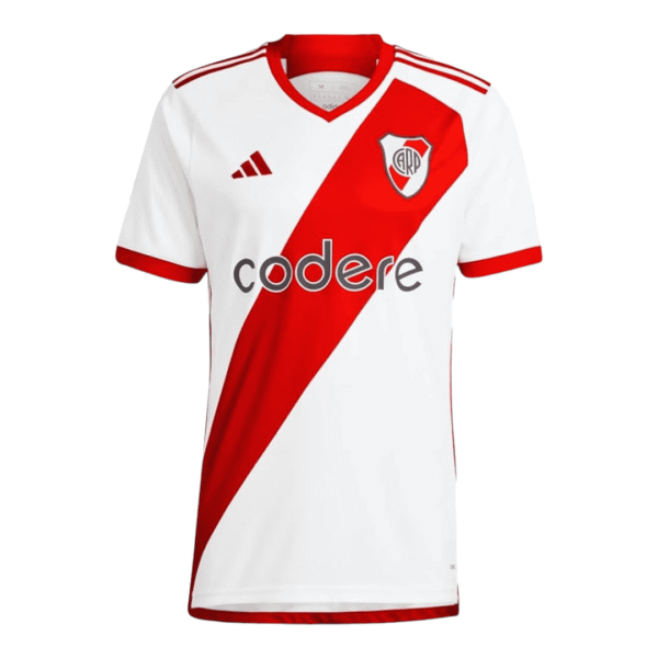 Authentic River Plate 2023/24 home football jersey with club crest and bold red diagonal stripe.