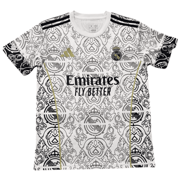 Authentic Real Madrid away jersey with intricate black and white pattern, featuring club crest and E.
