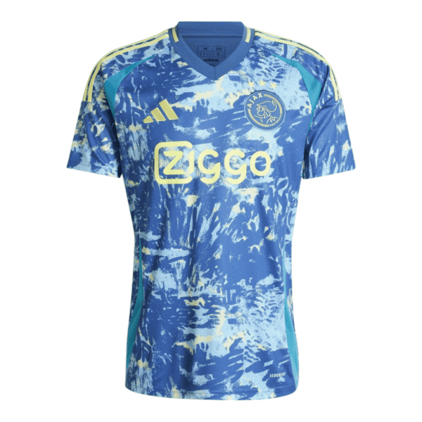 AJX away football jersey 2024/25 with vibrant blue and yellow design, perfect for fans and players.