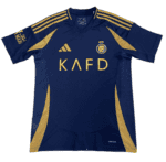 Official AL Nassr football jersey for 2024/25 season, navy blue with gold accents, featuring club cr.