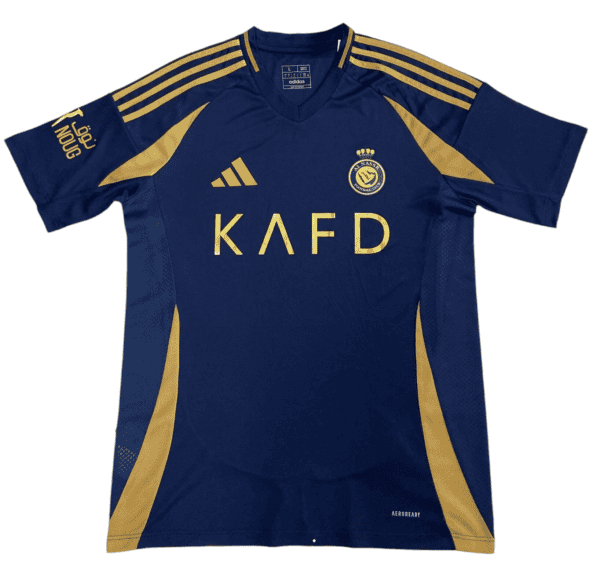 Official AL Nassr football jersey for 2024/25 season, navy blue with gold accents, featuring club cr.