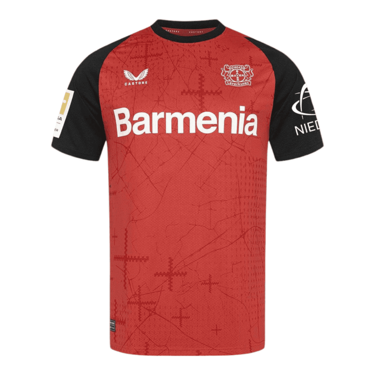Authentic Bayer Leverkusen 2024/25 home football jersey with team logo and sponsor.
