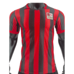 Football jersey with red and black vertical stripes and team crest.