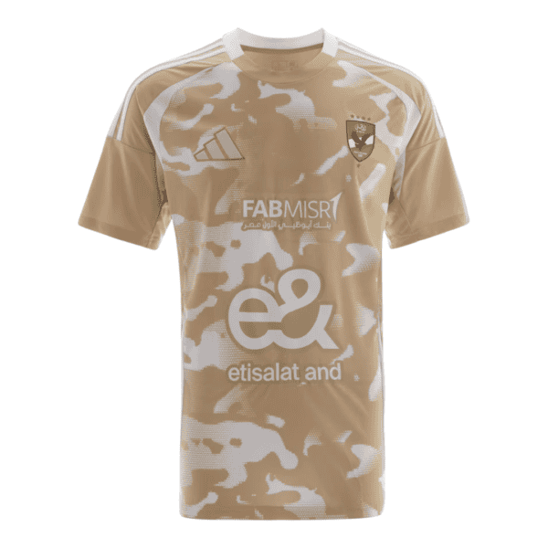 Authentic Al Ahly third football jersey for 2024-2025 season, beige camouflage design with team logo.
