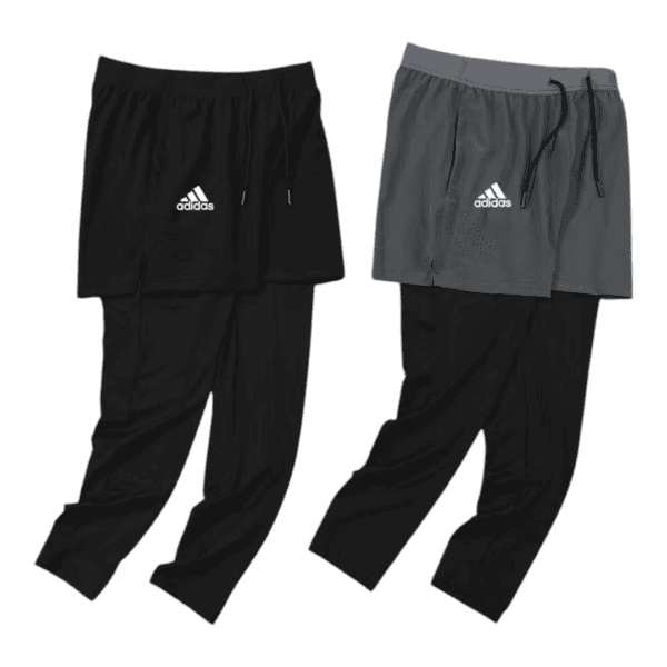 Men's athletic long shorts with layered design, Adidas logo, and adjustable waistband.