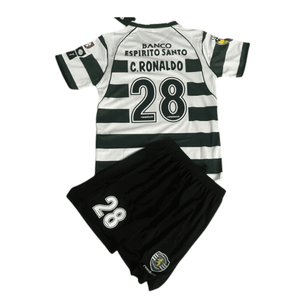 Kids Sporting Lisbon home football kit featuring Ronaldo 28 jersey and shorts. Perfect for young fan.