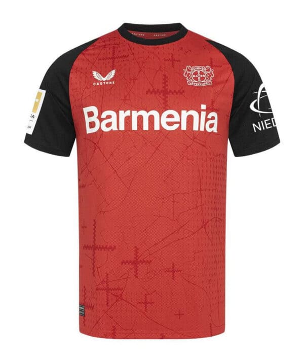 Bayer Leverkusen 2024/25 home football jersey with Barmenia sponsor, red and black design, official.