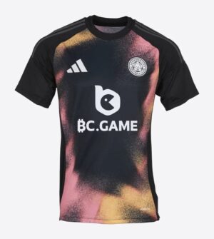 Leicester City away football jersey 2024/25 with stylish pink, black, and gold design, featuring tea.