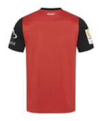 Authentic Bayer Leverkusen football jersey for 2024/25 season, red with black sleeves.