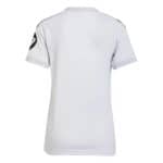 Sports jersey with team logo on sleeve, white color, lightweight athletic apparel.