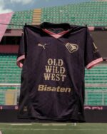 Palermo F.C. away football jersey for 2024/25 season, featuring team logos and sponsor details.