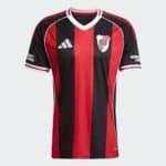 Red and black vertical striped soccer jersey with white trim and crest on the chest, featuring an Adidas logo on the left and sponsor text on the sleeves.