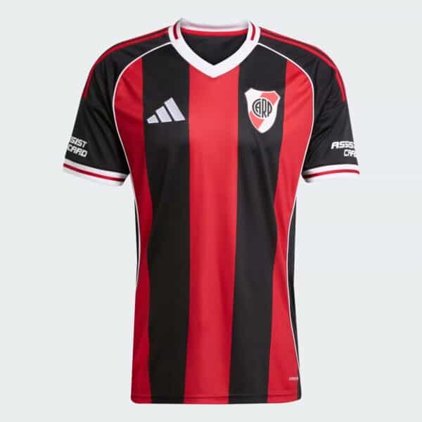 Red and black vertical striped soccer jersey with white trim and crest on the chest, featuring an Adidas logo on the left and sponsor text on the sleeves.
