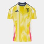 Juventus away football jersey 2024/25 with yellow, pink, and navy accents, featuring team logo and A.