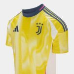 Juventus 2024/25 away football jersey with yellow and navy design.
