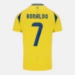 AL Nassr Ronaldo 7 home football jersey for 2024/25 season, authentic yellow and blue design.