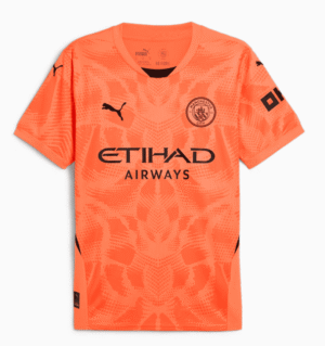 Manchester City goalkeeper jersey 2024/25, vibrant orange with team logo and sponsor details.