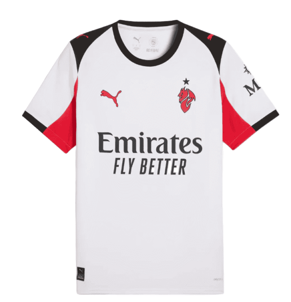 Football jersey with club crest, Puma logo, and Emirates sponsor, white with red and black details.
