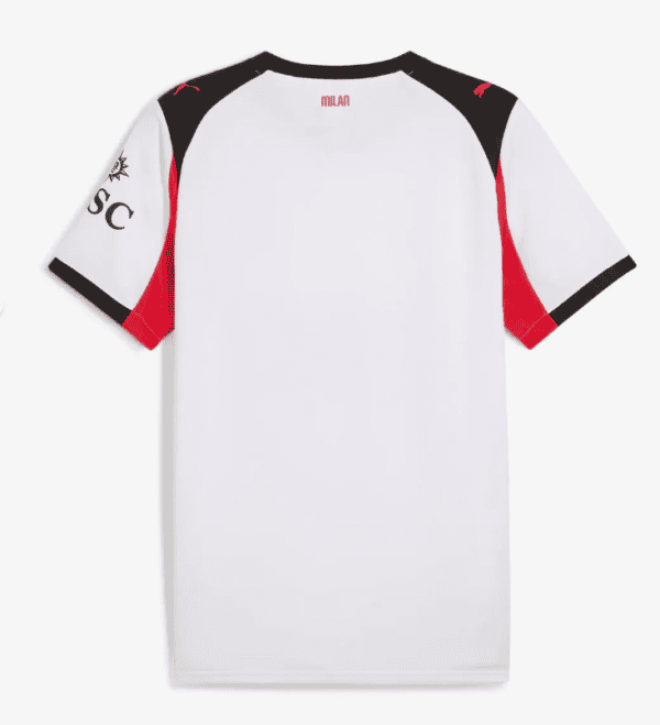 White Milan football jersey with black and red accents, short sleeves, and team logo.
