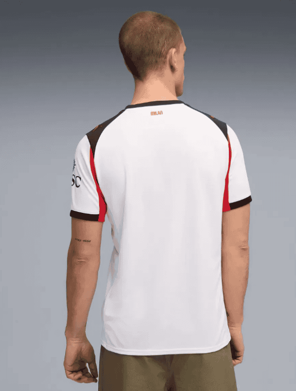 Football jersey with black and red accents, back view.