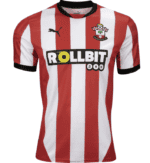 Southampton FC 2024/25 home football jersey with red and white vertical stripes.