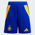 AL Nassr football shorts 24/25 season, vibrant blue with yellow accents, official team logo, and Adi.