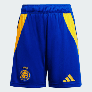 AL Nassr football shorts 24/25 season, vibrant blue with yellow accents, official team logo, and Adi.