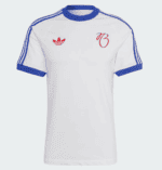 Authentic Adidas white football jersey with blue accents, red trefoil logo, and personalized initial.