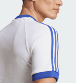 Authentic white football jersey featuring blue stripes and cuffs, ideal for sports fans and players.