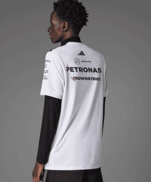 Mercedes AMG Petronas Formula One Team driver jersey for men, featuring sponsor logos and team brand.