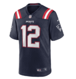Tom Brady Navy Patriots Game Jersey with number 12, authentic NFL merchandise.