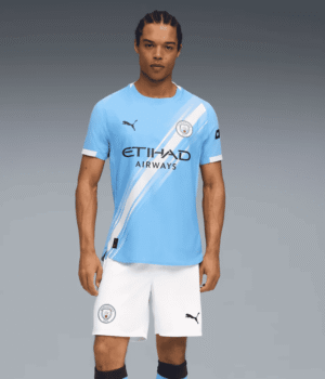 Manchester City 2025/26 home football jersey for players, light blue with white accents.