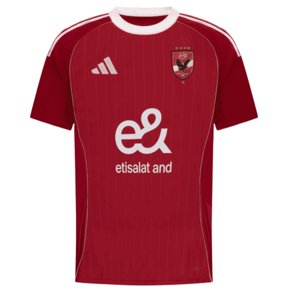 High-quality Al Ahly SC football jersey for 2025/26 season, featuring team crest and vibrant red des.