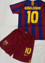 Kids football kit featuring Ronaldinho 10 jersey and shorts, perfect for young football fans and pla.