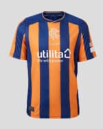 Rangers THIRD Jersey 2023/24 with blue and orange vertical stripes, official football kit.