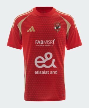 Al Ahly SC home football jersey 2024-2025, red with gold accents, featuring team crest and Adidas lo.