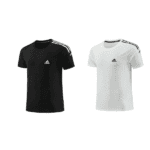 Black and white Adidas men's sports shirts with three stripes.