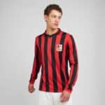 Red and black striped AC Milan football jersey with club crest.