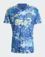 AJX Away jersey 2024/25 with vibrant blue and yellow design, official club logo, and Adidas branding.