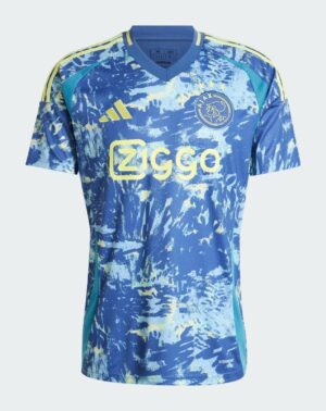 AJX Away jersey 2024/25 with vibrant blue and yellow design, official club logo, and Adidas branding.